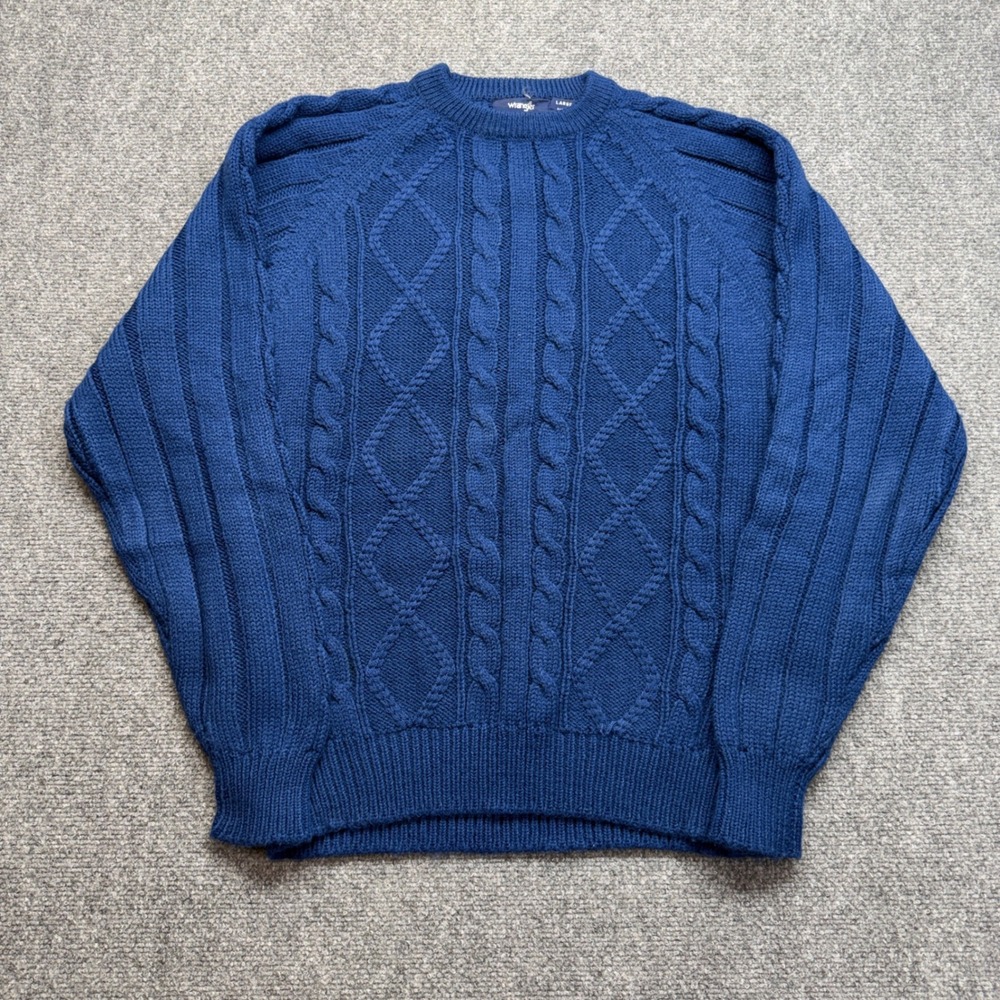 Wrangler Mens Blue Cable Knit Crew Neck Sweater Acrylic Pullover L